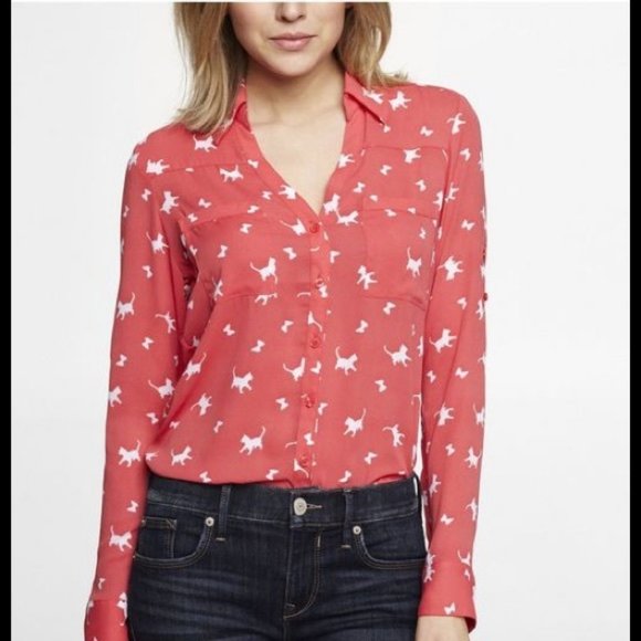 Express Tops - Women's Red Cat Print Blouse